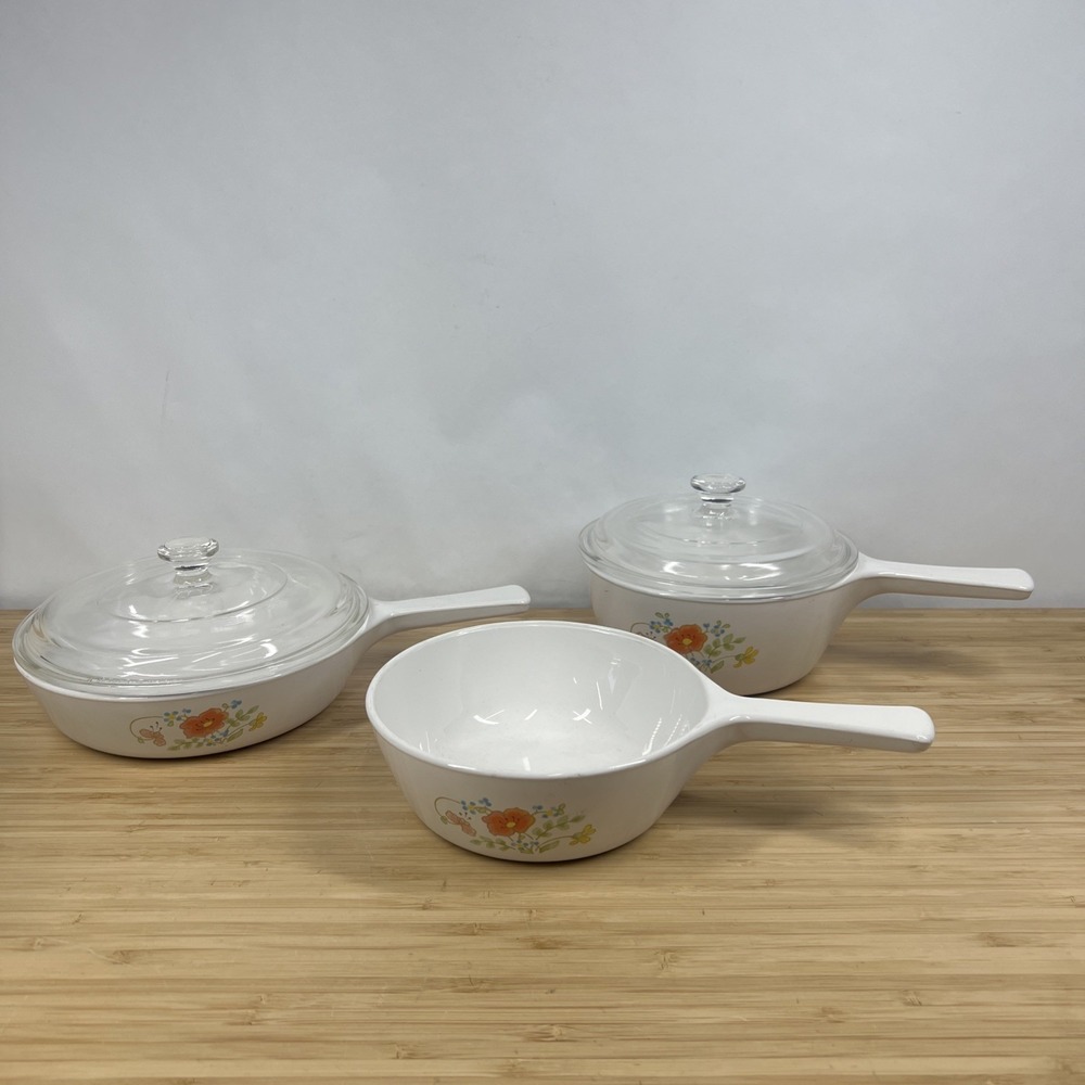 Vintage Corning Ware Wildflower Menuette Set‎ P-81-B P-82-B P-83-B w/ 2 Lids